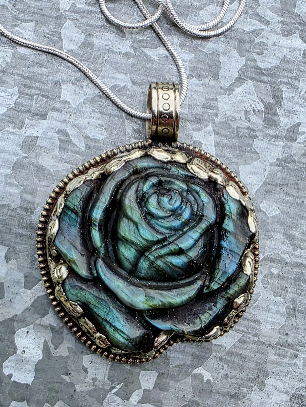 Tibetan Hand-Carved Flashy Labradorite Gemstone Rose Pendant (2")